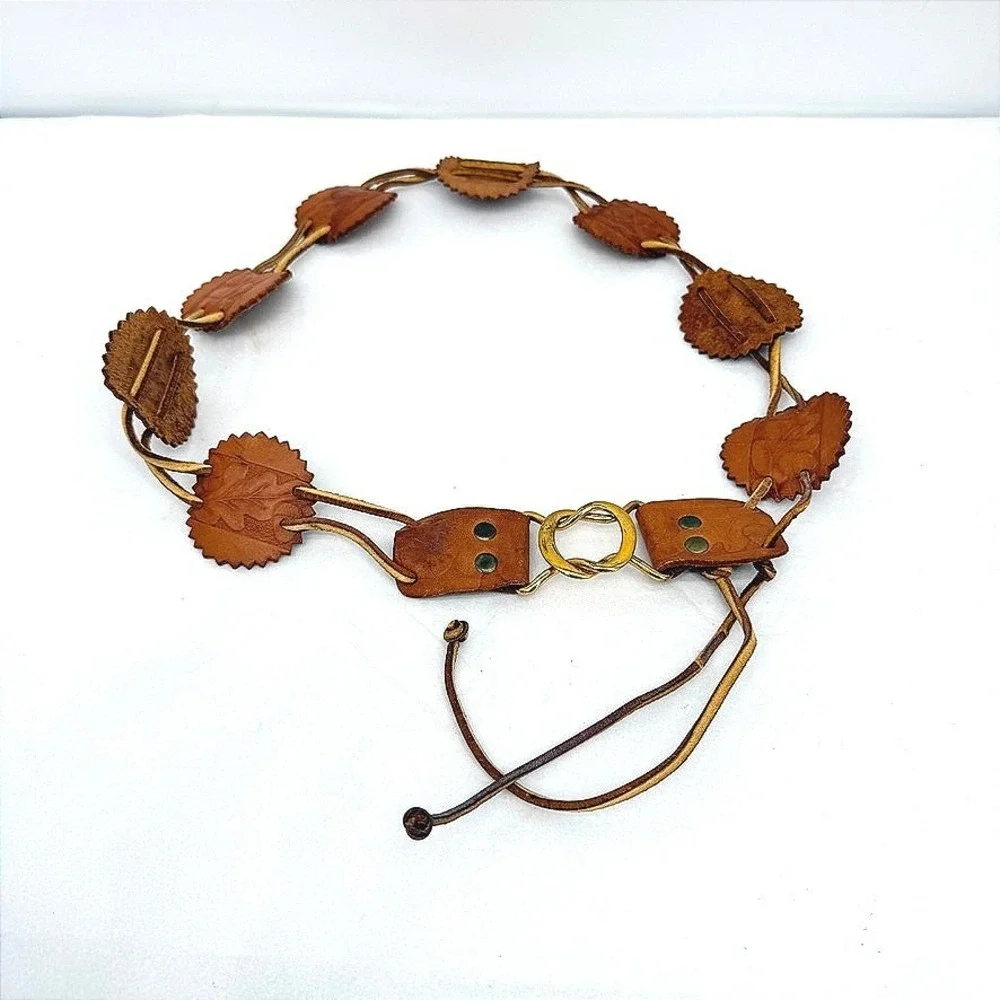 Leather Tooled Leaf Link Belt Gold Buckle Boho Western Hippie Festival SM/MD*